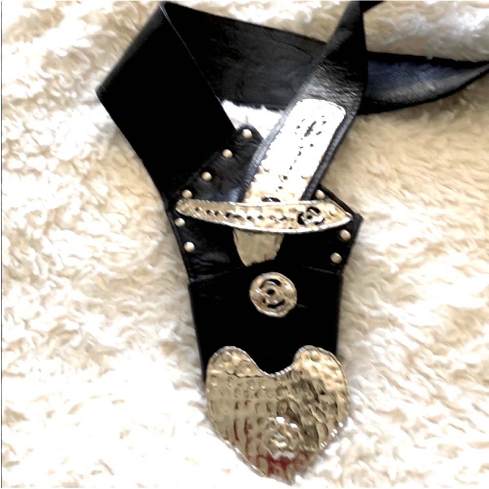 BELT BLACK HANDMADE ARTSY LEATHER LIKE SILVER HEART BELT - Picture 6 of 11